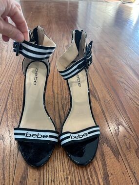 bebe Black Patent Open-Toe Ankle Strap Heels with Striped Webbing